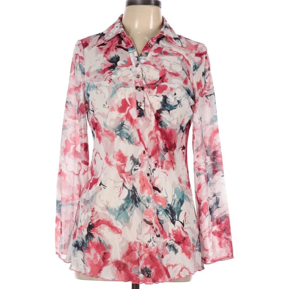 BCBGMAXAZRIA Soon Pink Long Sleeve Floral Tunic Blouse Large